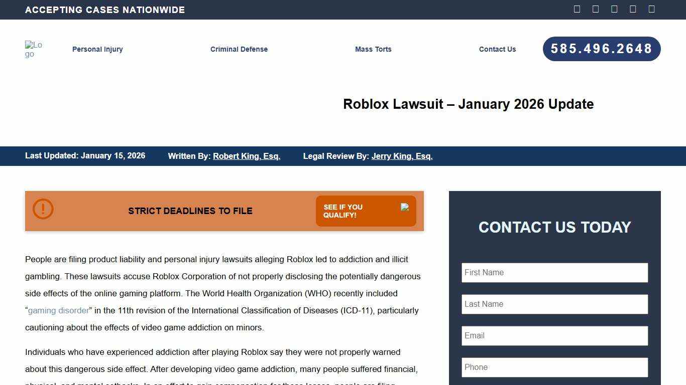 Roblox Lawsuit - January 2026 Update King Law